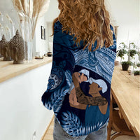 Father's Day Polynesian Pattern Women Casual Shirt Tropical Humpback Whale - Navy