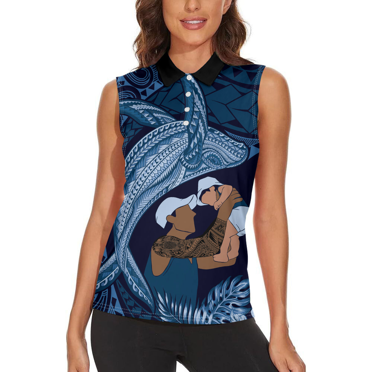 Father's Day Polynesian Pattern Women Sleeveless Polo Shirt Tropical Humpback Whale - Navy