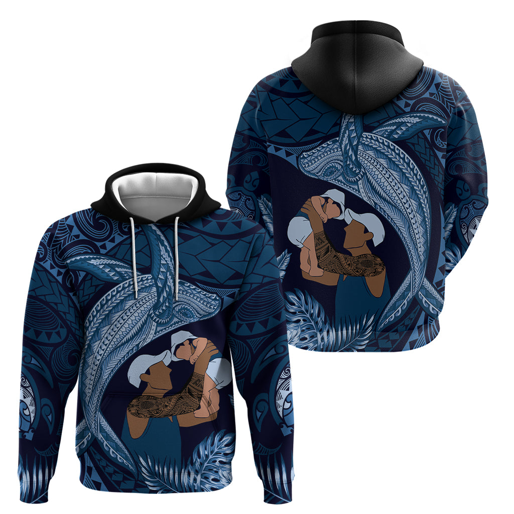 Father's Day Polynesian Pattern Zip Hoodie Tropical Humpback Whale - Navy