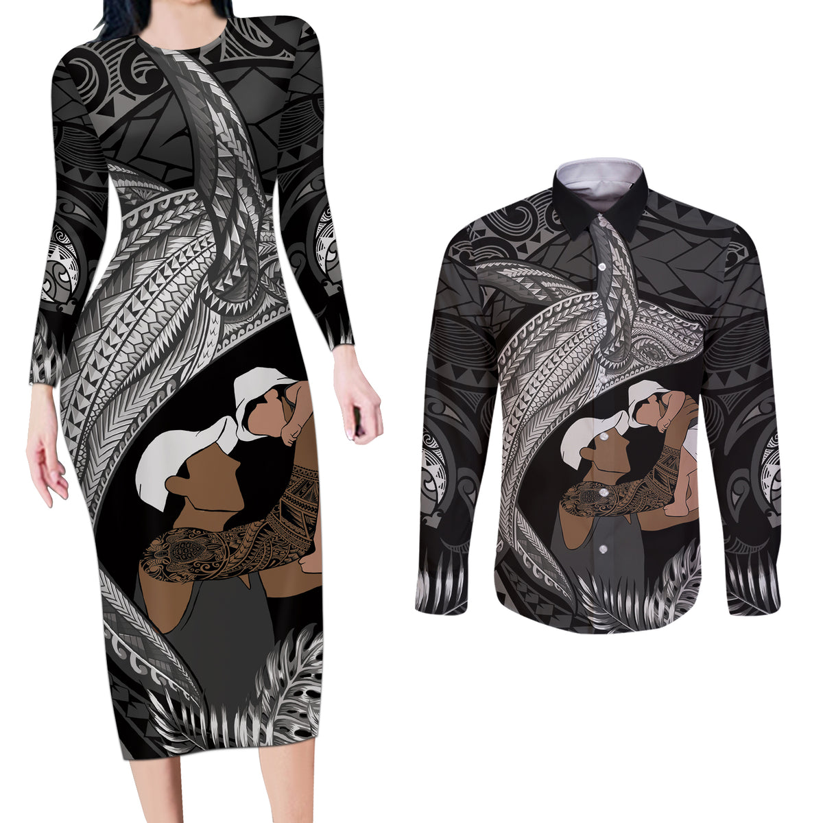 Father's Day Polynesian Pattern Couples Matching Long Sleeve Bodycon Dress and Long Sleeve Button Shirt Tropical Humpback Whale - Black