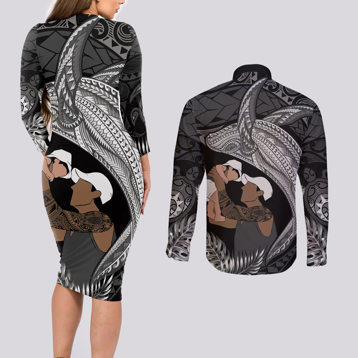 Father's Day Polynesian Pattern Couples Matching Long Sleeve Bodycon Dress and Long Sleeve Button Shirt Tropical Humpback Whale - Black