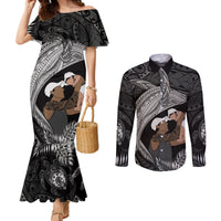 Father's Day Polynesian Pattern Couples Matching Mermaid Dress and Long Sleeve Button Shirt Tropical Humpback Whale - Black