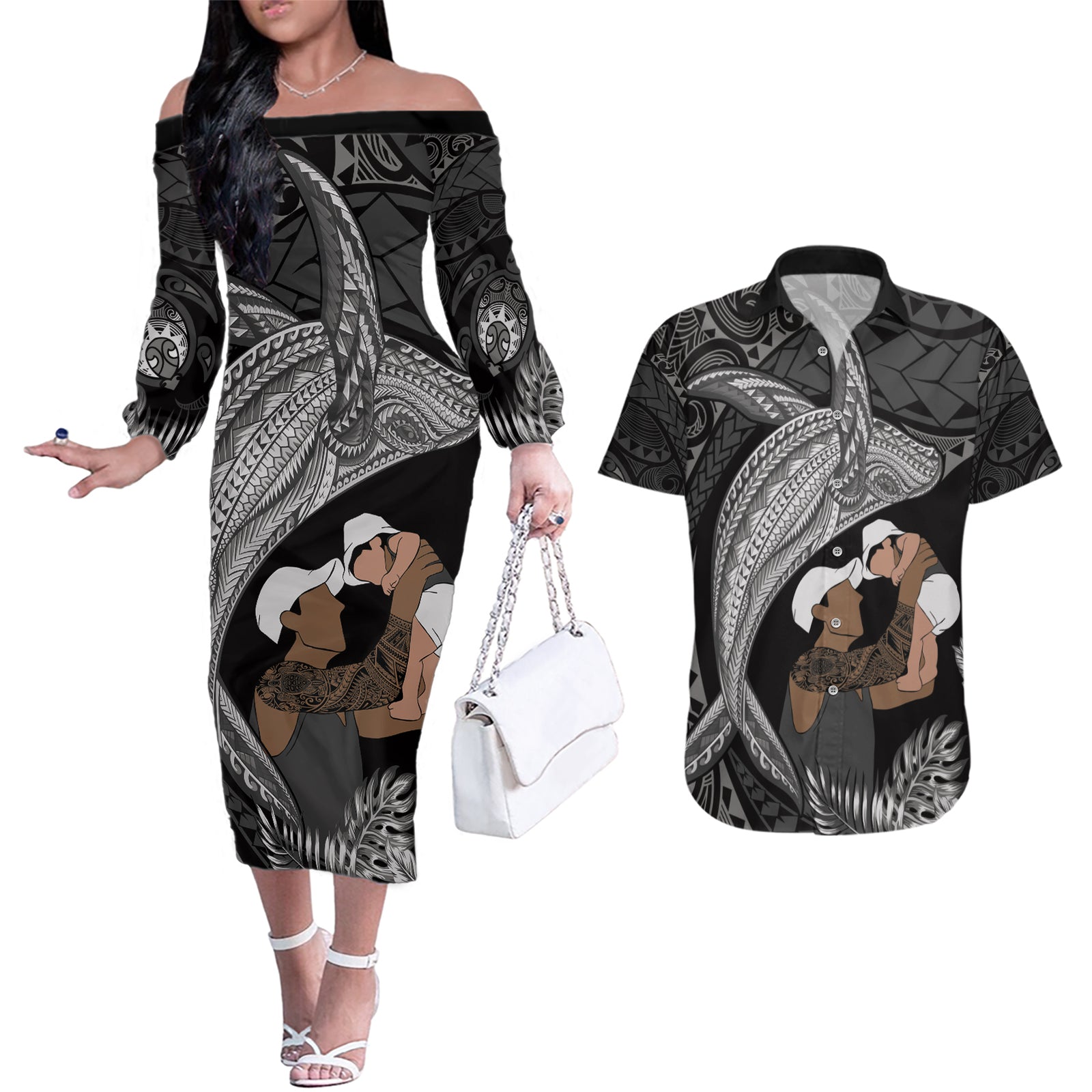 Father's Day Polynesian Pattern Couples Matching Off The Shoulder Long Sleeve Dress and Hawaiian Shirt Tropical Humpback Whale - Black