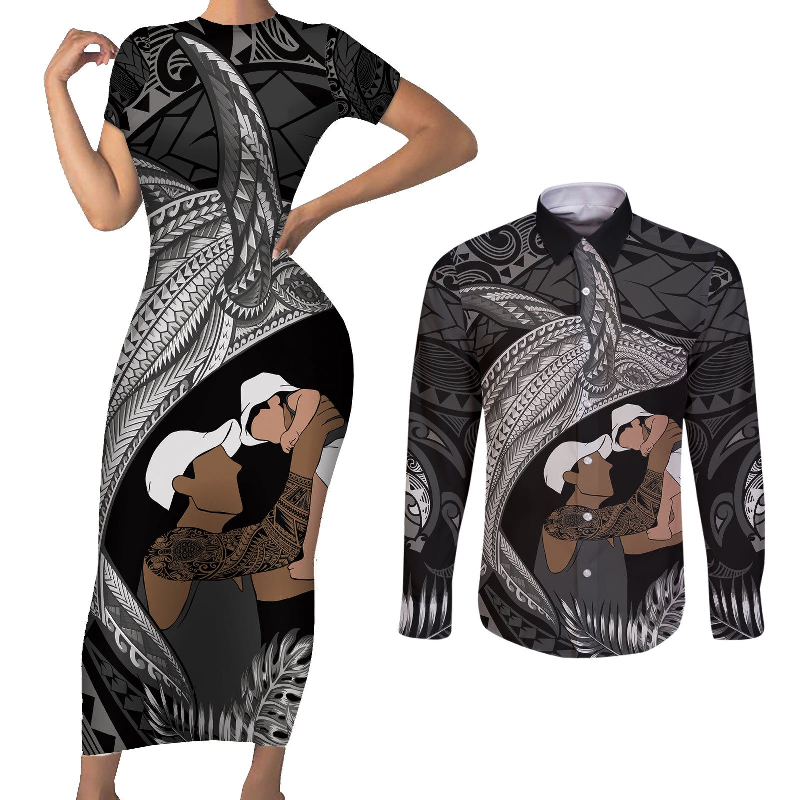 Father's Day Polynesian Pattern Couples Matching Short Sleeve Bodycon Dress and Long Sleeve Button Shirt Tropical Humpback Whale - Black