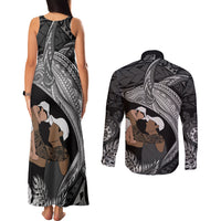 Father's Day Polynesian Pattern Couples Matching Tank Maxi Dress and Long Sleeve Button Shirt Tropical Humpback Whale - Black