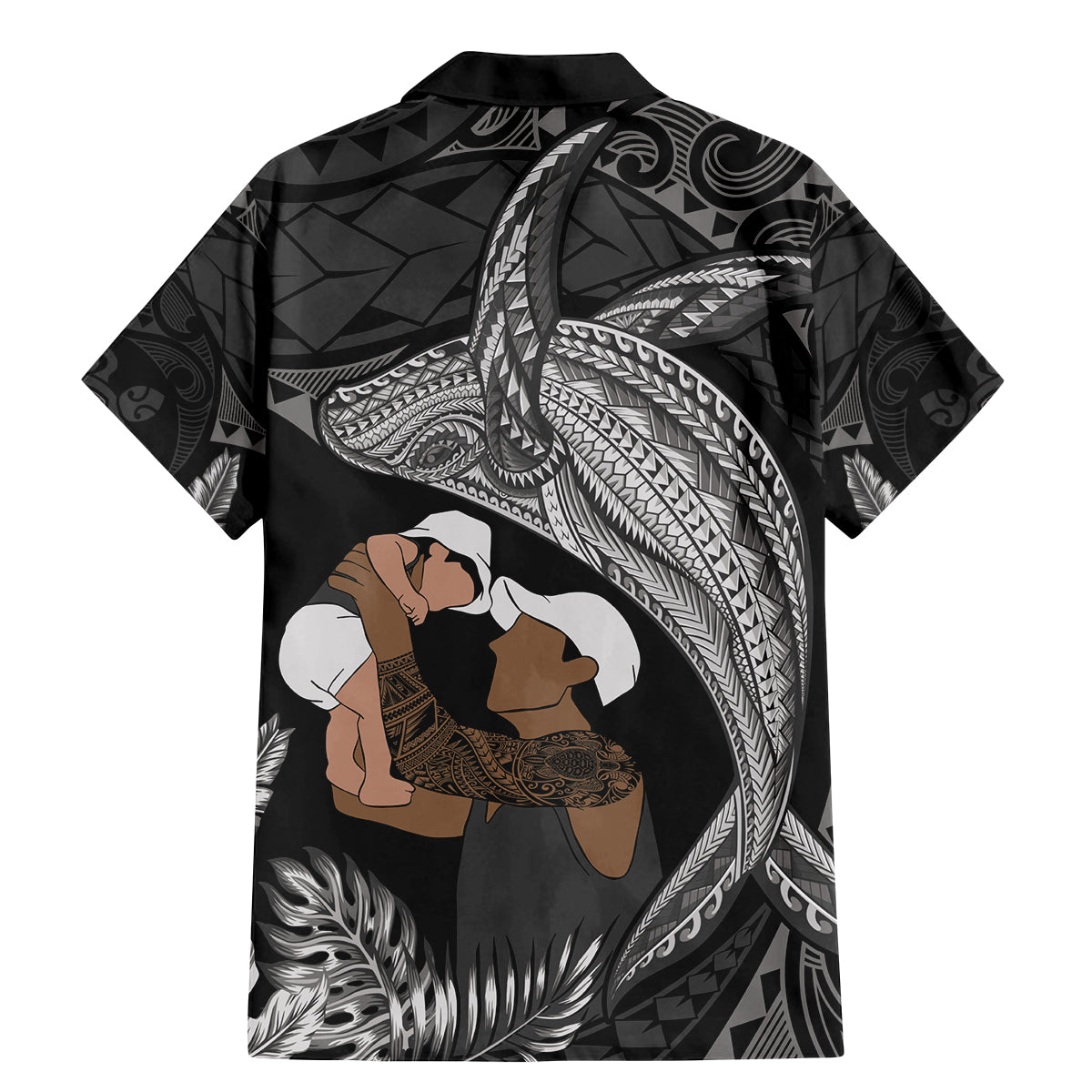 Father's Day Polynesian Pattern Family Matching Mermaid Dress and Hawaiian Shirt Tropical Humpback Whale - Black