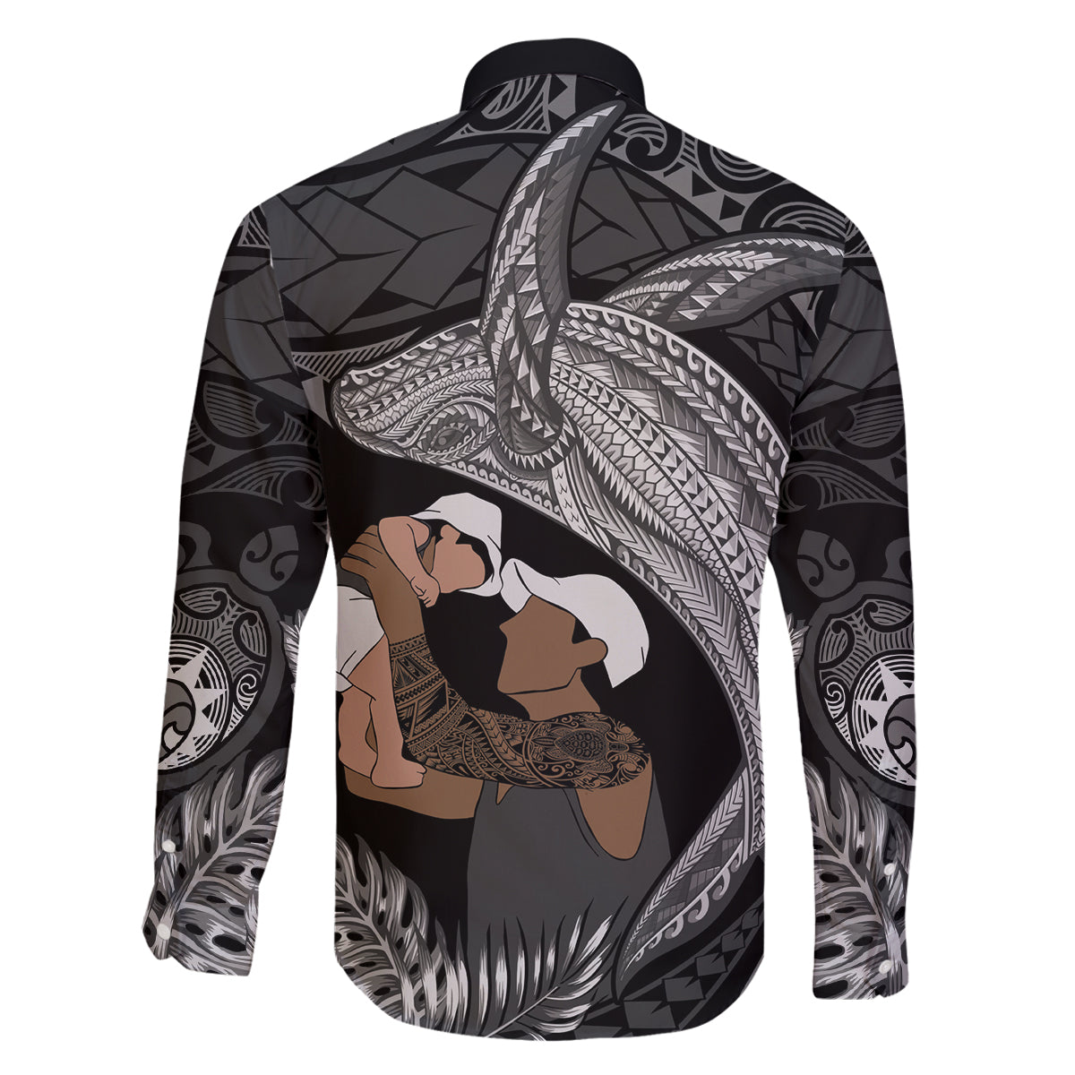 Father's Day Polynesian Pattern Family Matching Mermaid Dress and Hawaiian Shirt Tropical Humpback Whale - Black