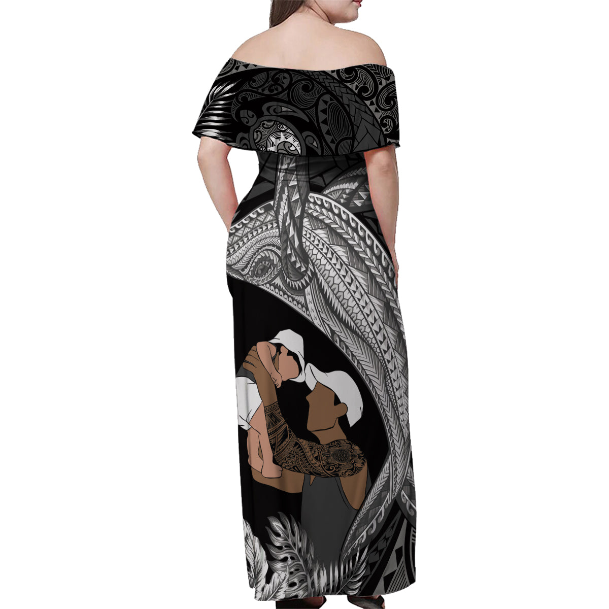 Father's Day Polynesian Pattern Family Matching Off Shoulder Maxi Dress and Hawaiian Shirt Tropical Humpback Whale - Black