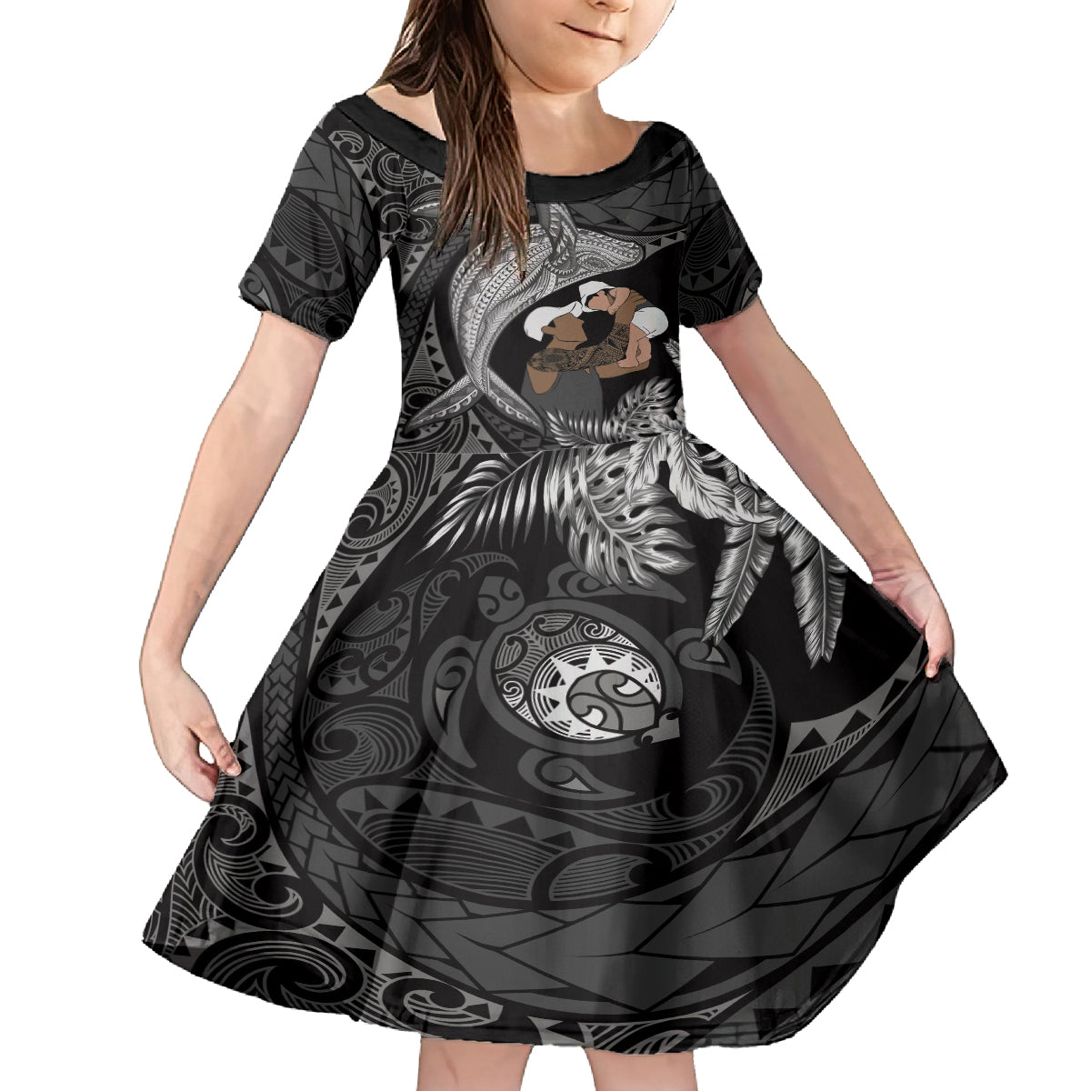 Father's Day Polynesian Pattern Family Matching Off Shoulder Short Dress and Hawaiian Shirt Tropical Humpback Whale - Black