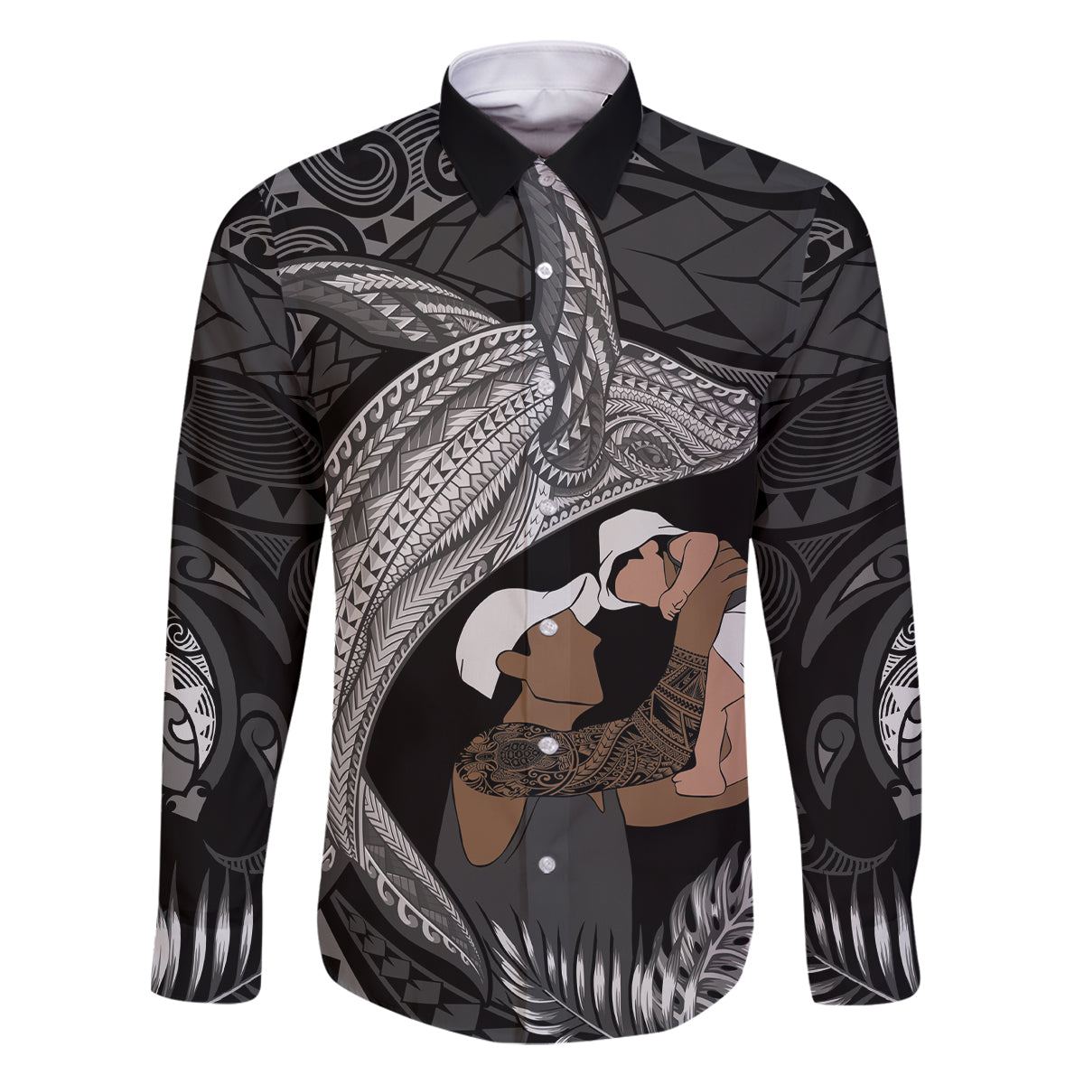 Father's Day Polynesian Pattern Family Matching Off Shoulder Short Dress and Hawaiian Shirt Tropical Humpback Whale - Black