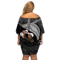 Father's Day Polynesian Pattern Family Matching Off Shoulder Short Dress and Hawaiian Shirt Tropical Humpback Whale - Black