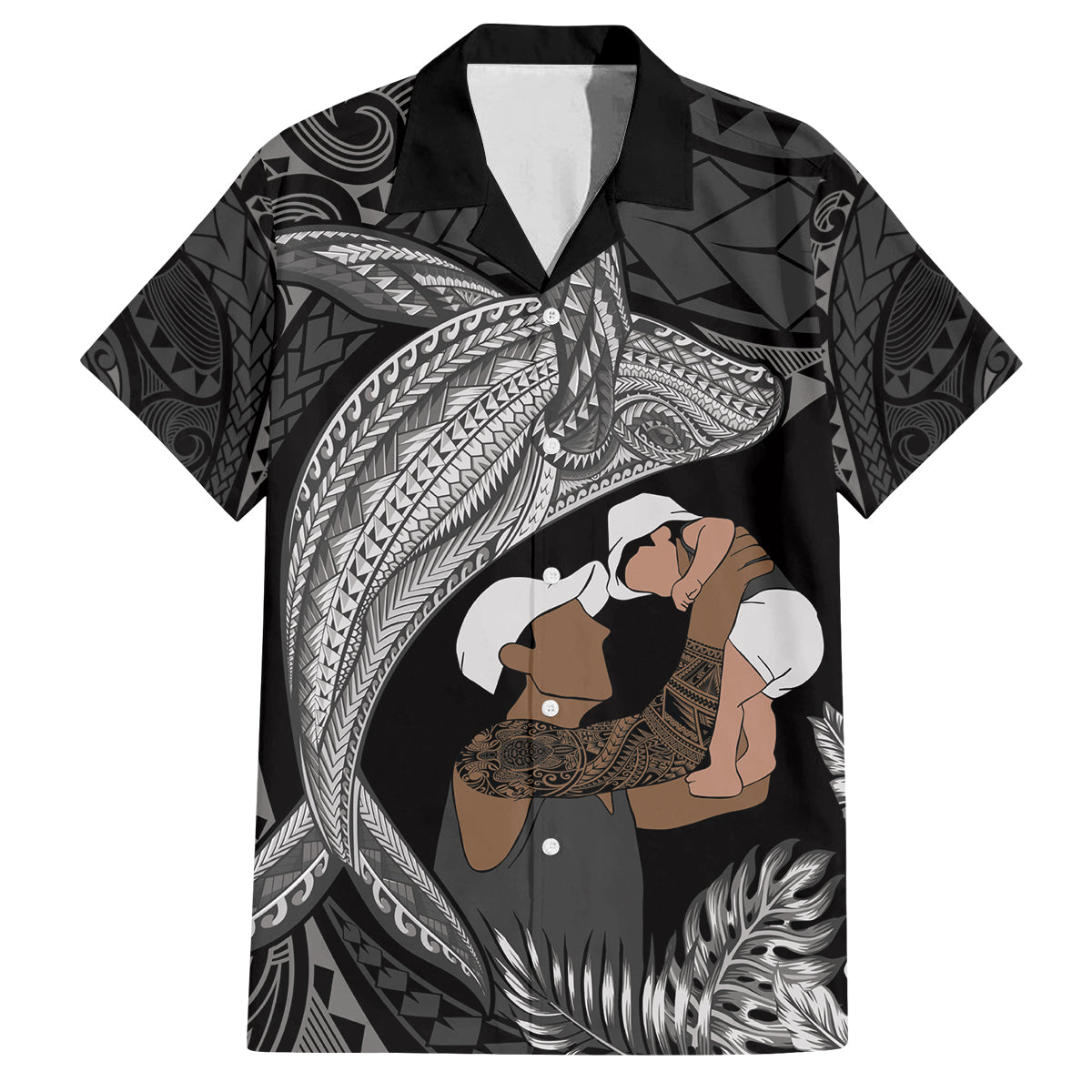 Father's Day Polynesian Pattern Family Matching Tank Maxi Dress and Hawaiian Shirt Tropical Humpback Whale - Black LT7 Dad's Shirt - Short Sleeve Black - Polynesian Pride