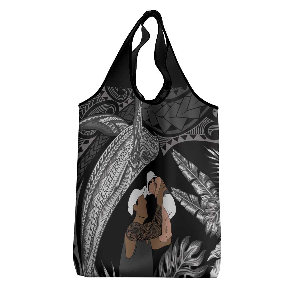 Father's Day Polynesian Pattern Grocery Bag Tropical Humpback Whale - Black