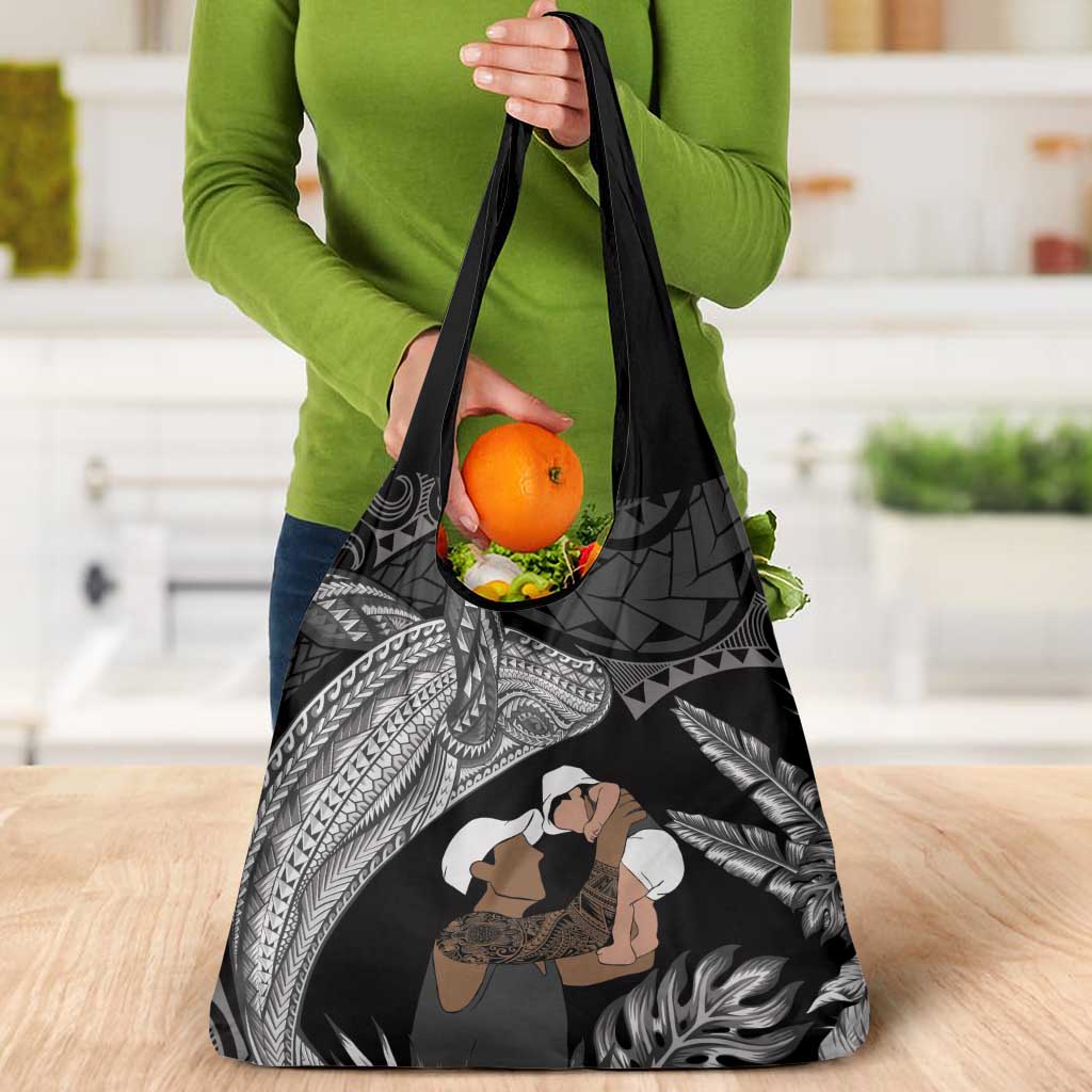 Father's Day Polynesian Pattern Grocery Bag Tropical Humpback Whale - Black