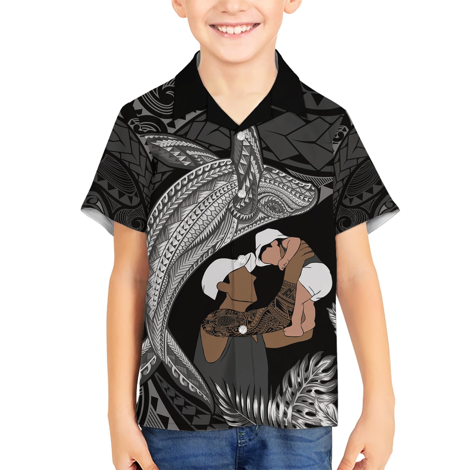 Father's Day Polynesian Pattern Kid Hawaiian Shirt Tropical Humpback Whale - Black