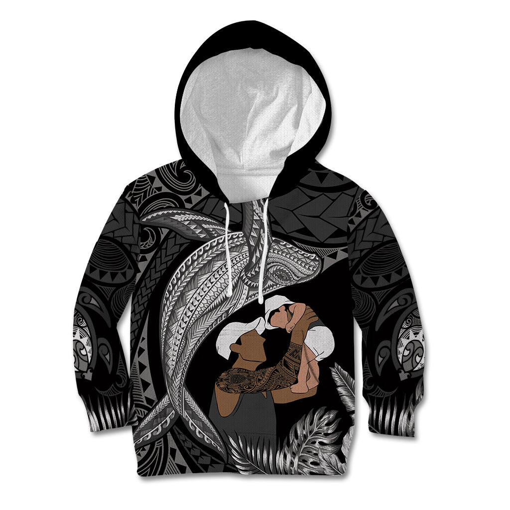 Father's Day Polynesian Pattern Kid Hoodie Tropical Humpback Whale - Black