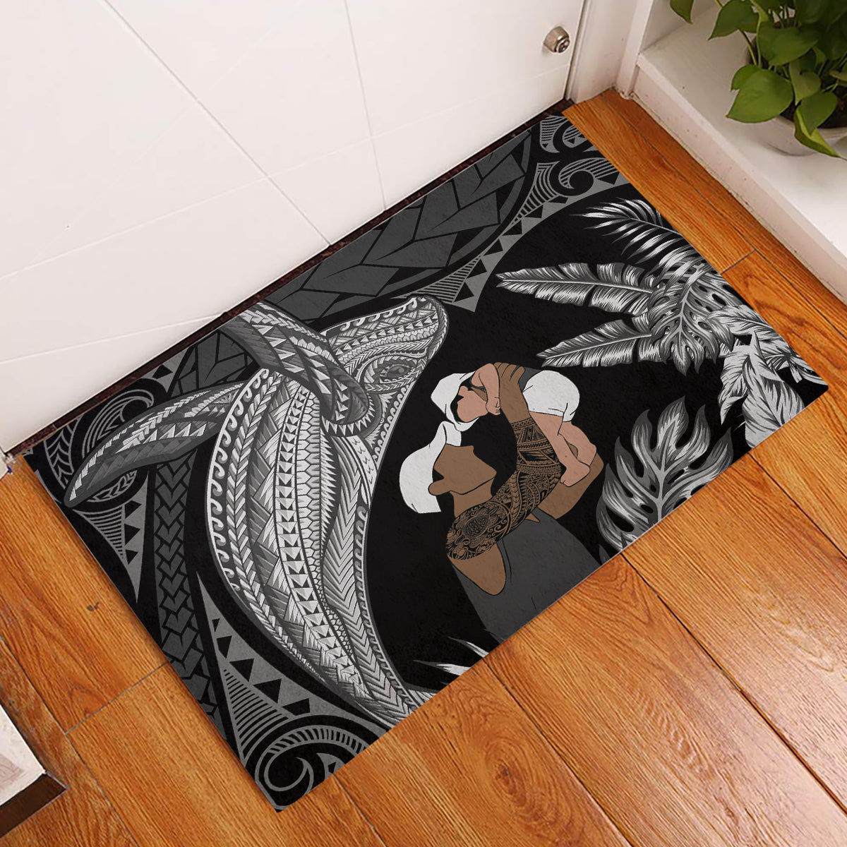 Father's Day Polynesian Pattern Rubber Doormat Tropical Humpback Whale - Black