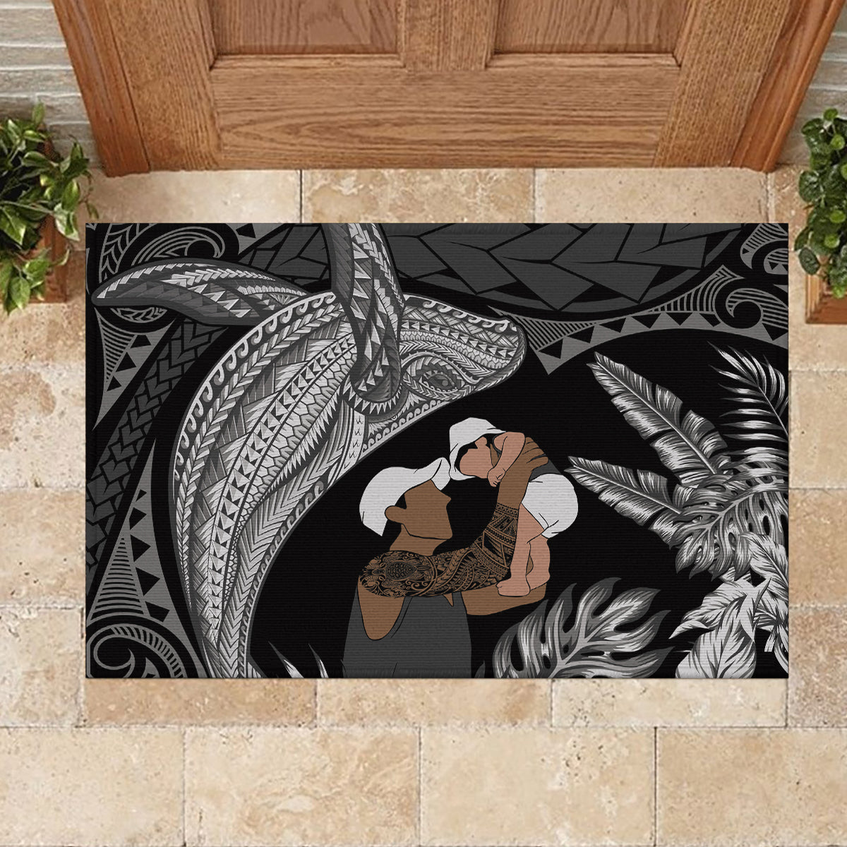 Father's Day Polynesian Pattern Rubber Doormat Tropical Humpback Whale - Black