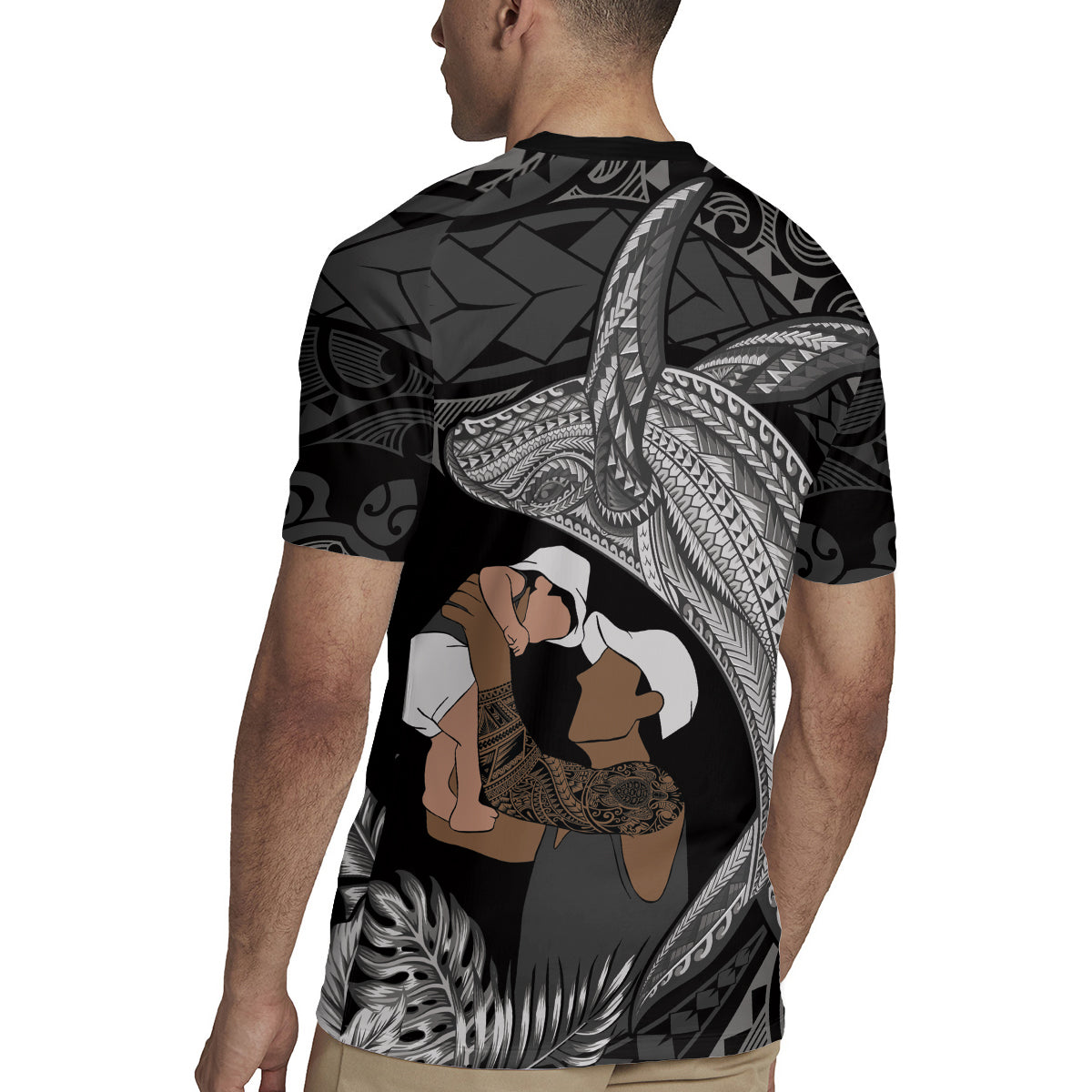 Father's Day Polynesian Pattern Rugby Jersey Tropical Humpback Whale - Black