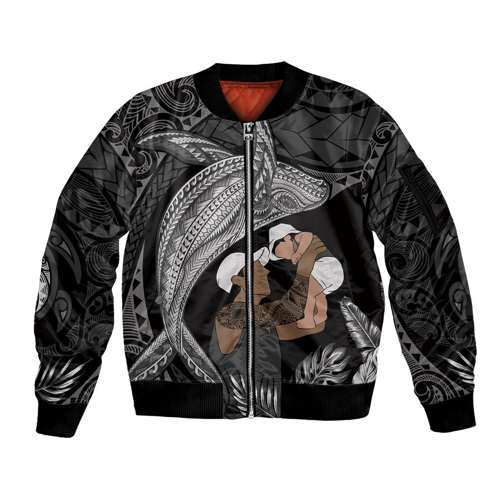 Father's Day Polynesian Pattern Sleeve Zip Bomber Jacket Tropical Humpback Whale - Black