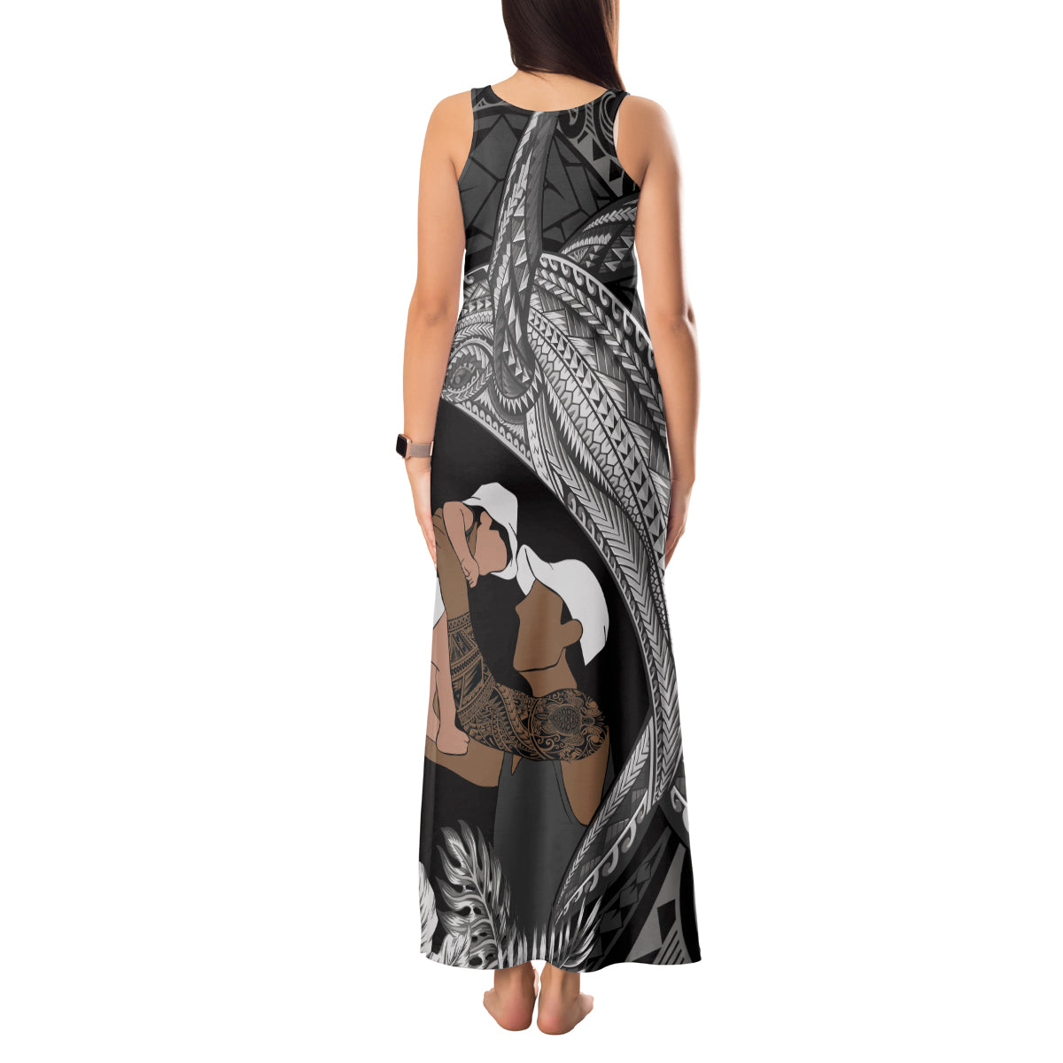 Father's Day Polynesian Pattern Tank Maxi Dress Tropical Humpback Whale - Black