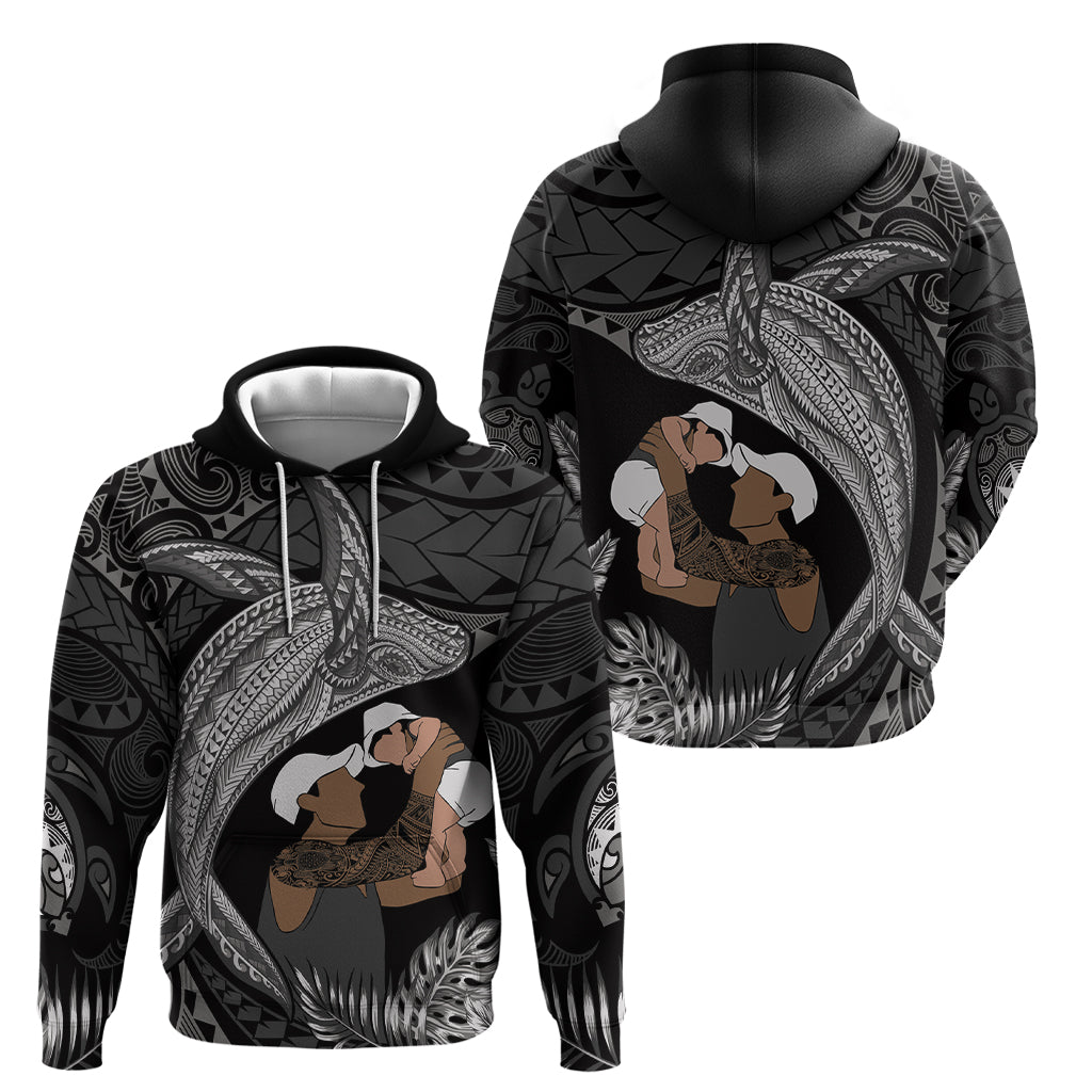 Father's Day Polynesian Pattern Zip Hoodie Tropical Humpback Whale - Black