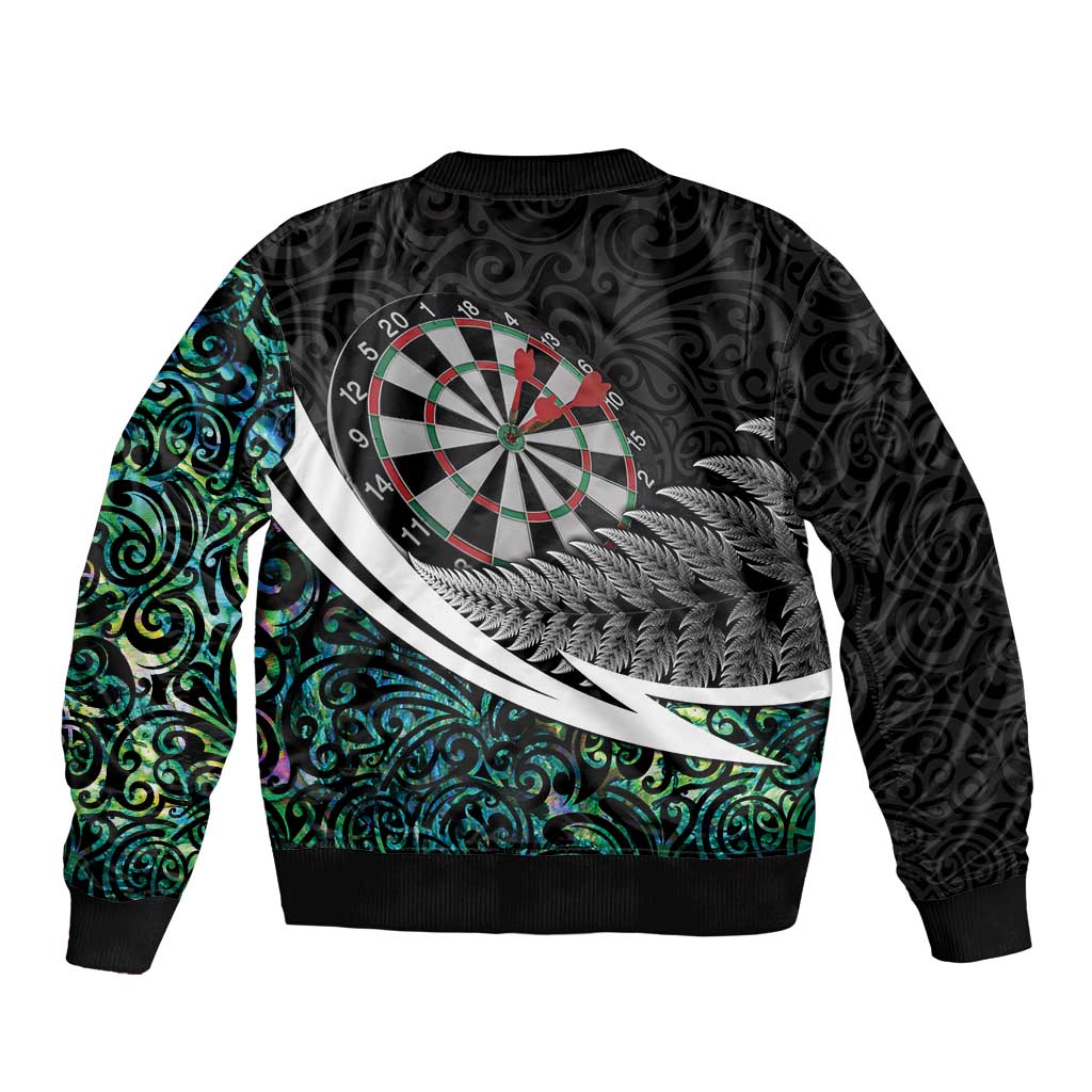 Personalized NZ Darts Bomber Jacket Paua Shell Maori Koru Whakairo - Polynesian Pride