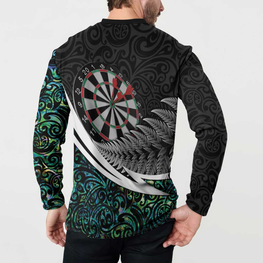Personalized NZ Darts Button Sweatshirt Paua Shell Maori Koru Whakairo - Polynesian Pride