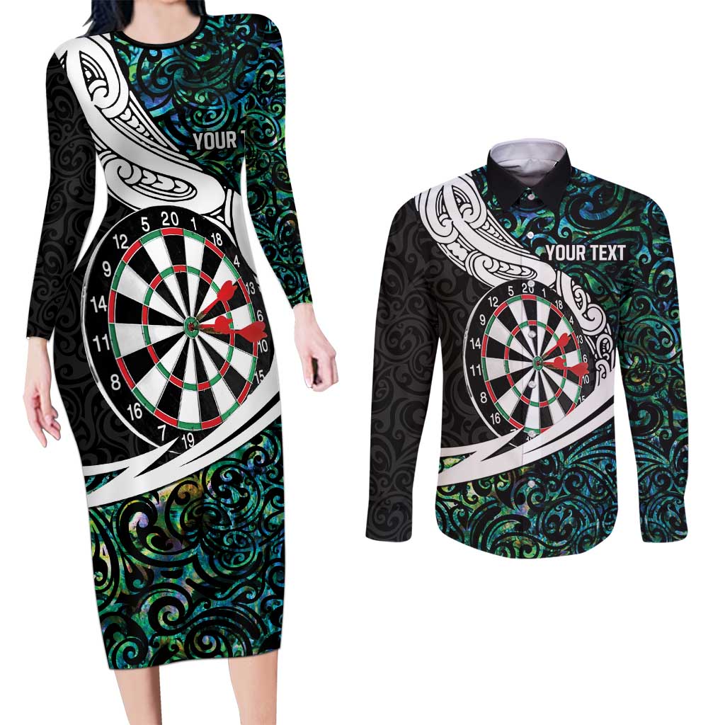 Personalized NZ Darts Couples Matching Long Sleeve Bodycon Dress and Long Sleeve Button Shirt Paua Shell Maori Koru Whakairo - Polynesian Pride