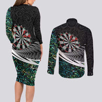 Personalized NZ Darts Couples Matching Long Sleeve Bodycon Dress and Long Sleeve Button Shirt Paua Shell Maori Koru Whakairo - Polynesian Pride