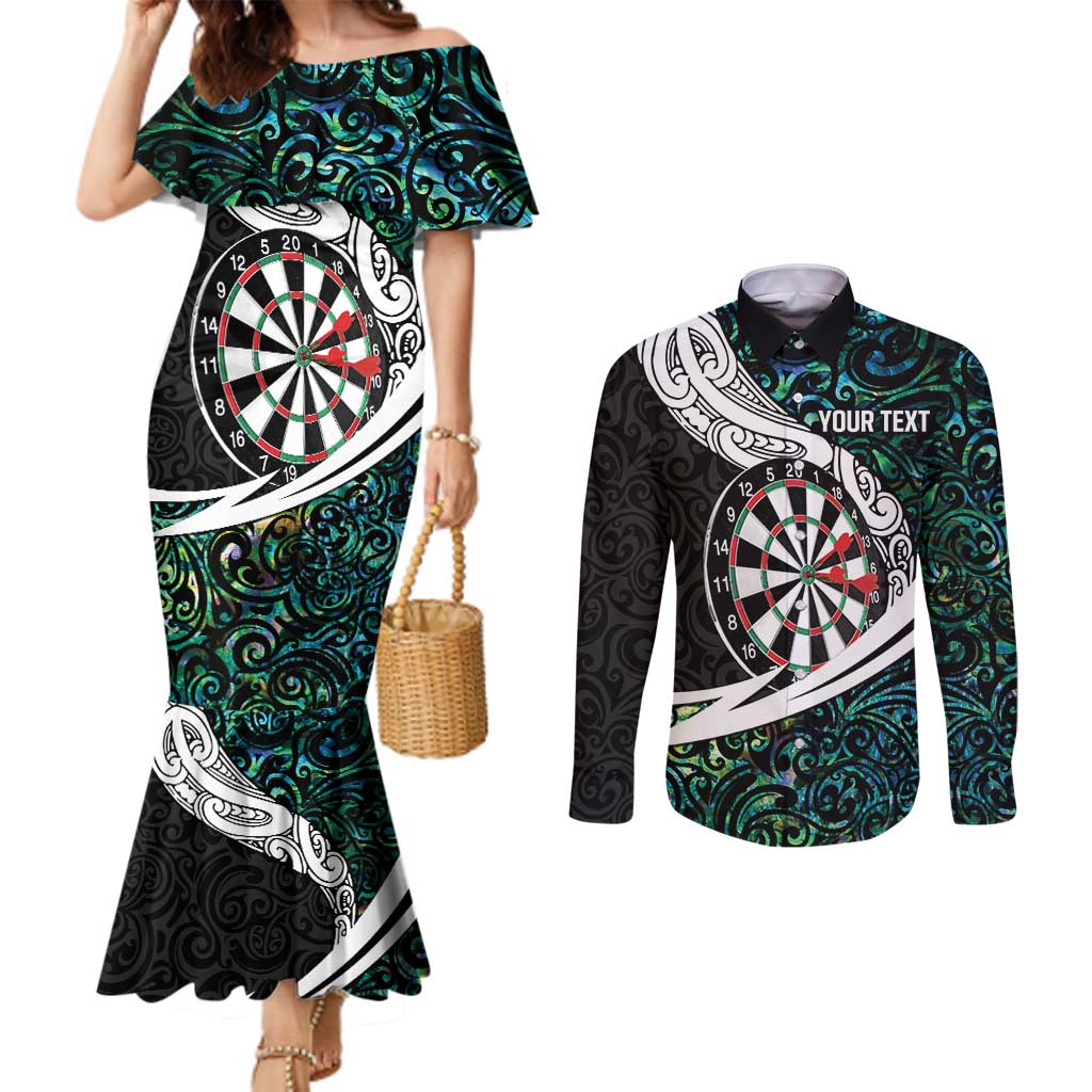Personalized NZ Darts Couples Matching Mermaid Dress and Long Sleeve Button Shirt Paua Shell Maori Koru Whakairo - Polynesian Pride