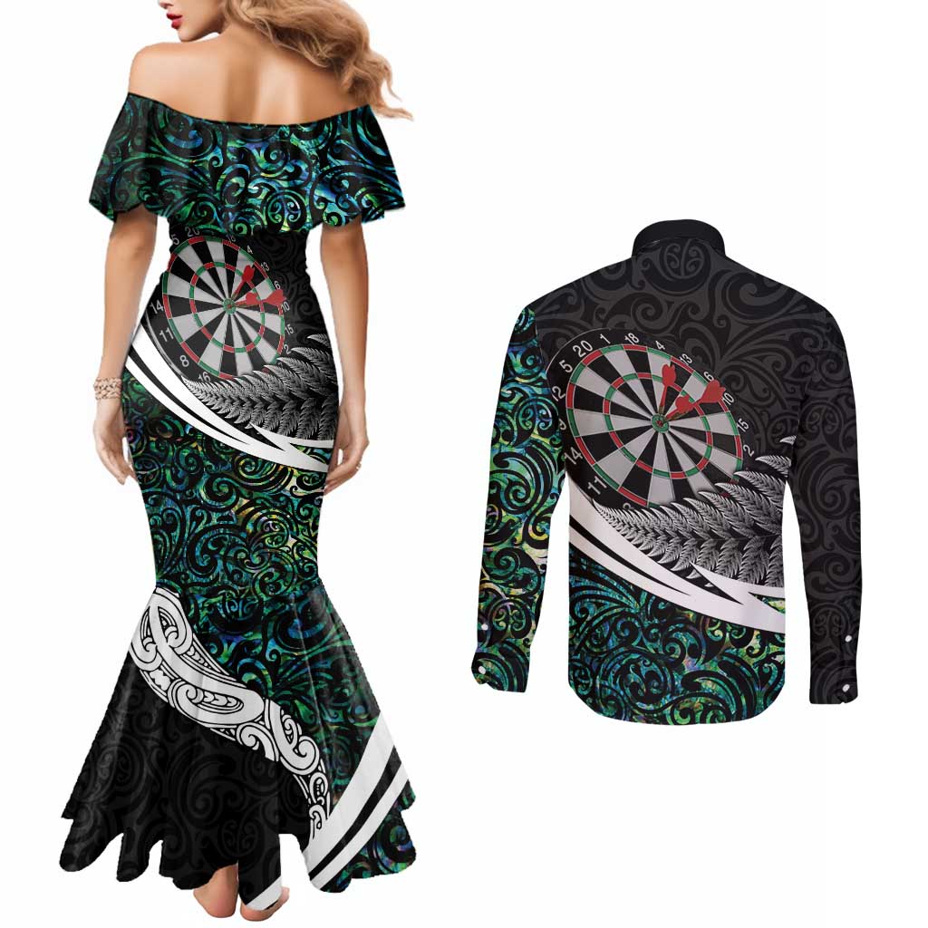 Personalized NZ Darts Couples Matching Mermaid Dress and Long Sleeve Button Shirt Paua Shell Maori Koru Whakairo - Polynesian Pride