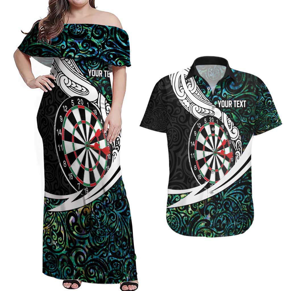 Personalized NZ Darts Couples Matching Off Shoulder Maxi Dress and Hawaiian Shirt Paua Shell Maori Koru Whakairo - Polynesian Pride