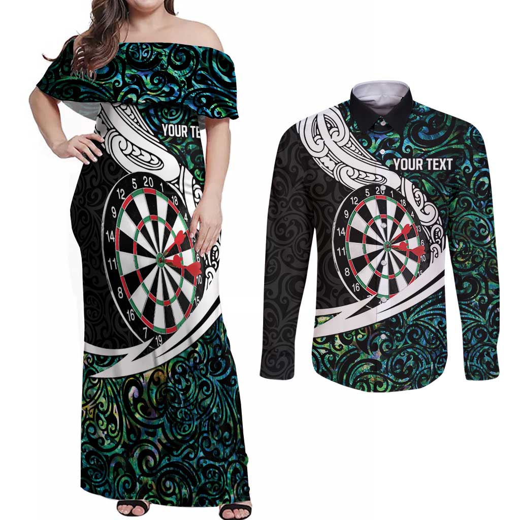 Personalized NZ Darts Couples Matching Off Shoulder Maxi Dress and Long Sleeve Button Shirt Paua Shell Maori Koru Whakairo - Polynesian Pride