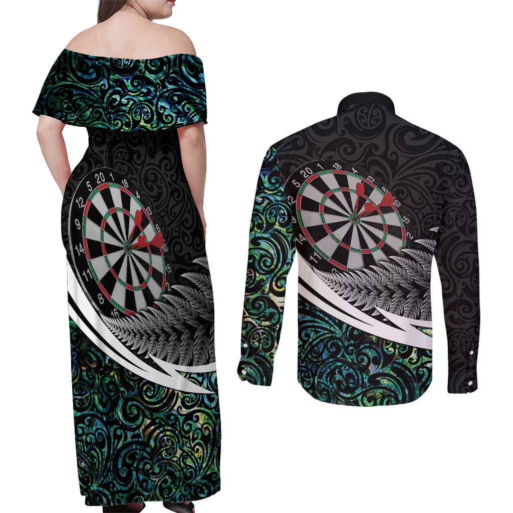 Personalized NZ Darts Couples Matching Off Shoulder Maxi Dress and Long Sleeve Button Shirt Paua Shell Maori Koru Whakairo - Polynesian Pride