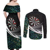 Personalized NZ Darts Couples Matching Off Shoulder Maxi Dress and Long Sleeve Button Shirt Paua Shell Maori Koru Whakairo - Polynesian Pride