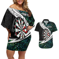 Personalized NZ Darts Couples Matching Off Shoulder Short Dress and Hawaiian Shirt Paua Shell Maori Koru Whakairo - Polynesian Pride