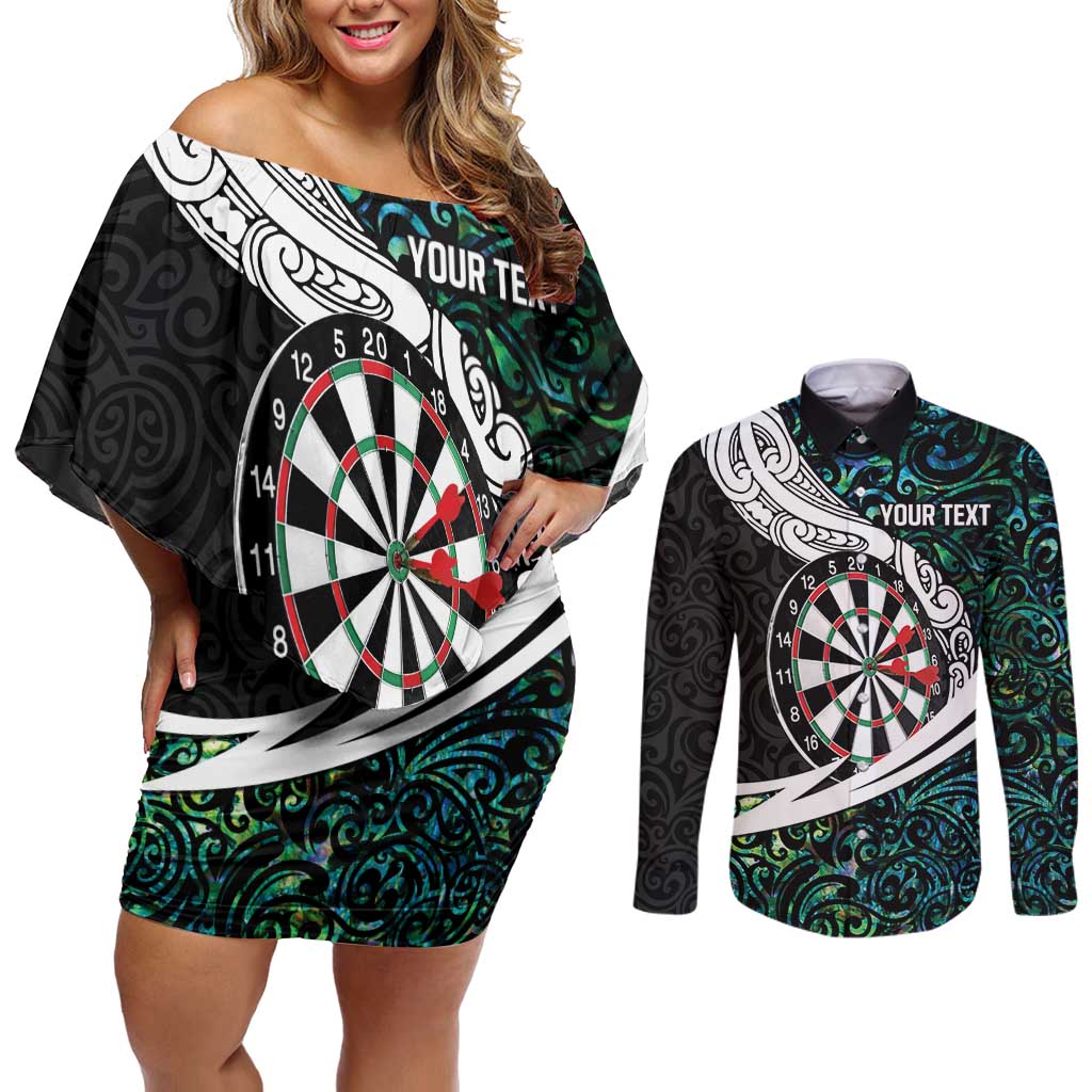 Personalized NZ Darts Couples Matching Off Shoulder Short Dress and Long Sleeve Button Shirt Paua Shell Maori Koru Whakairo - Polynesian Pride