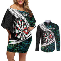 Personalized NZ Darts Couples Matching Off Shoulder Short Dress and Long Sleeve Button Shirt Paua Shell Maori Koru Whakairo - Polynesian Pride