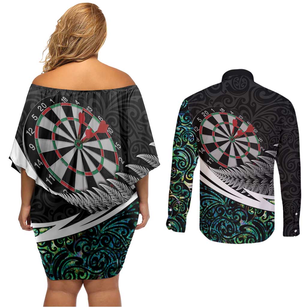 Personalized NZ Darts Couples Matching Off Shoulder Short Dress and Long Sleeve Button Shirt Paua Shell Maori Koru Whakairo - Polynesian Pride