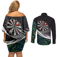 Personalized NZ Darts Couples Matching Off Shoulder Short Dress and Long Sleeve Button Shirt Paua Shell Maori Koru Whakairo - Polynesian Pride