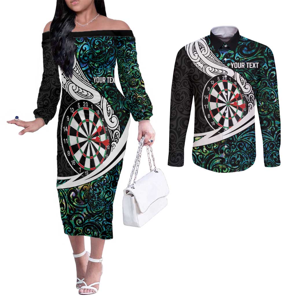 Personalized NZ Darts Couples Matching Off The Shoulder Long Sleeve Dress and Long Sleeve Button Shirt Paua Shell Maori Koru Whakairo - Polynesian Pride
