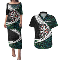 Personalized NZ Darts Couples Matching Puletasi and Hawaiian Shirt Paua Shell Maori Koru Whakairo - Polynesian Pride