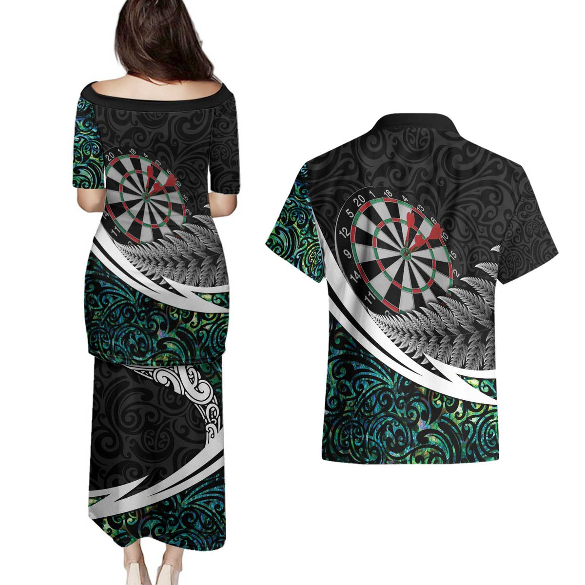 Personalized NZ Darts Couples Matching Puletasi and Hawaiian Shirt Paua Shell Maori Koru Whakairo - Polynesian Pride