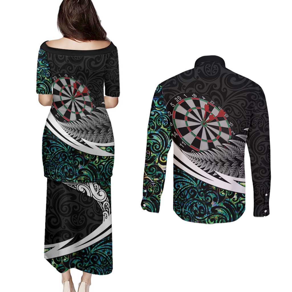 Personalized NZ Darts Couples Matching Puletasi and Long Sleeve Button Shirt Paua Shell Maori Koru Whakairo - Polynesian Pride