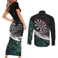 Personalized NZ Darts Couples Matching Short Sleeve Bodycon Dress and Long Sleeve Button Shirt Paua Shell Maori Koru Whakairo - Polynesian Pride