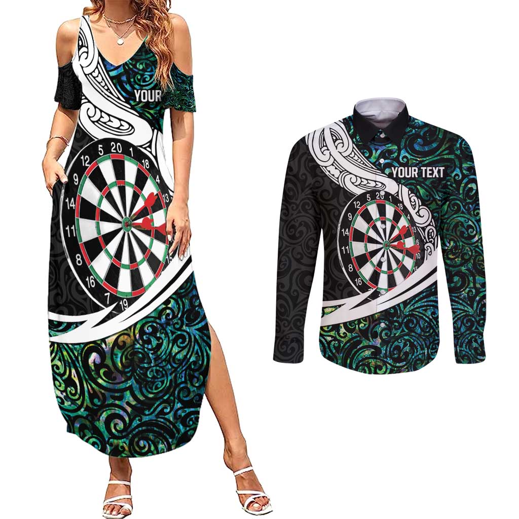 Personalized NZ Darts Couples Matching Summer Maxi Dress and Long Sleeve Button Shirt Paua Shell Maori Koru Whakairo - Polynesian Pride