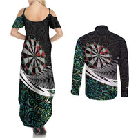 Personalized NZ Darts Couples Matching Summer Maxi Dress and Long Sleeve Button Shirt Paua Shell Maori Koru Whakairo - Polynesian Pride