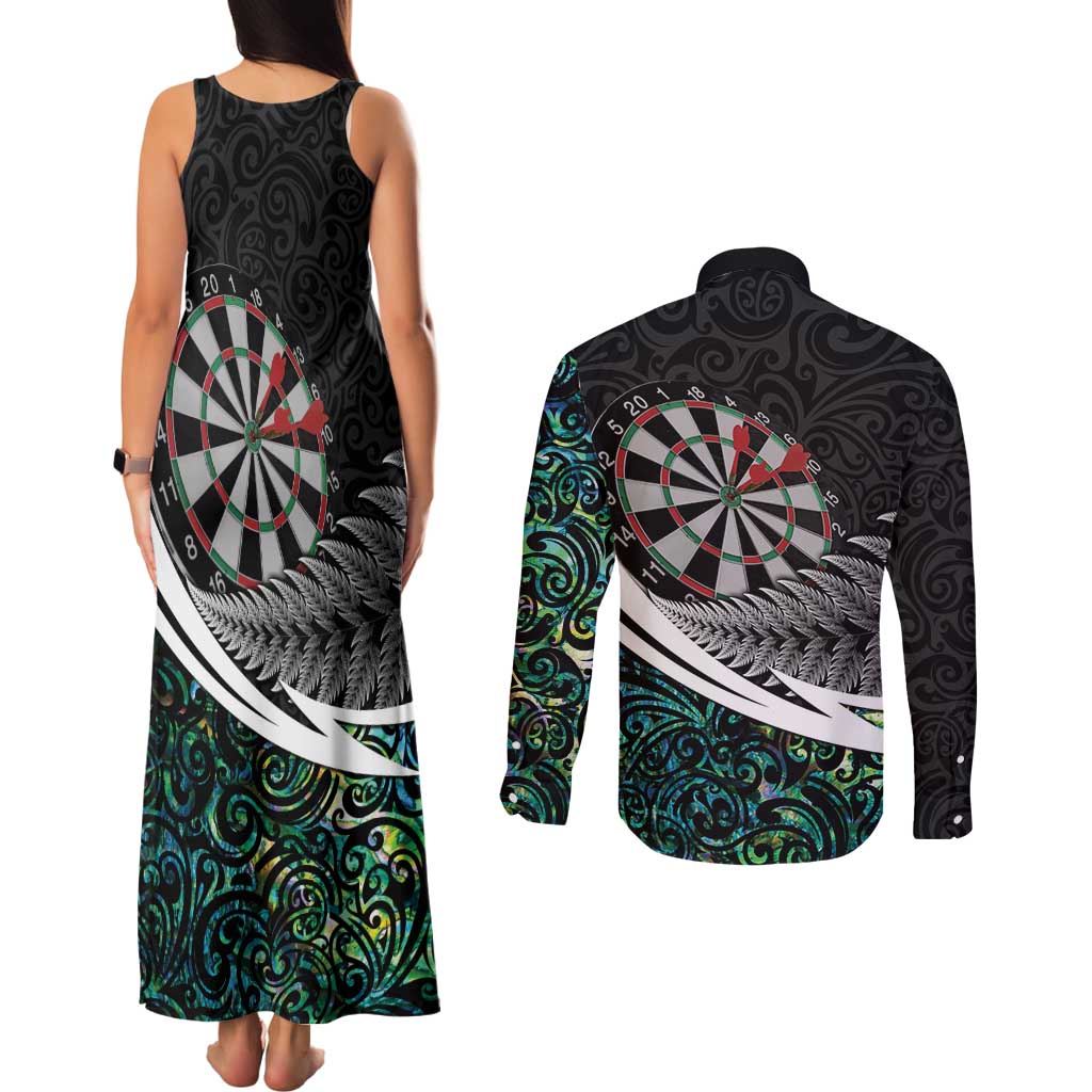 Personalized NZ Darts Couples Matching Tank Maxi Dress and Long Sleeve Button Shirt Paua Shell Maori Koru Whakairo - Polynesian Pride