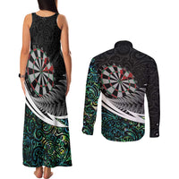 Personalized NZ Darts Couples Matching Tank Maxi Dress and Long Sleeve Button Shirt Paua Shell Maori Koru Whakairo - Polynesian Pride